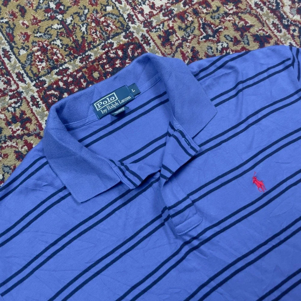 VTG 90s Polo Ralph Lauren L Blue Striped Short Sleeve Cotton Polo Shirt Red Pony